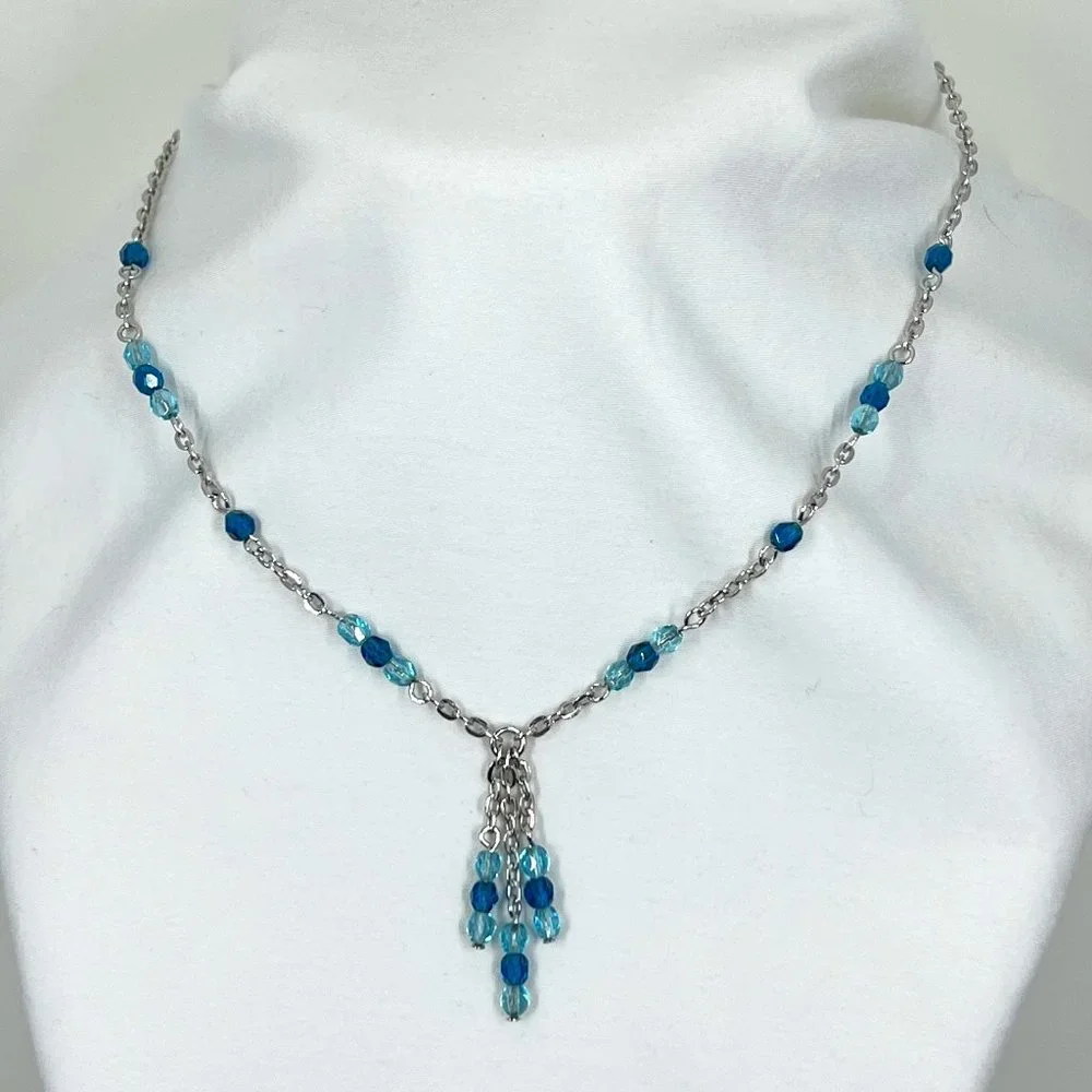 Silver Toned 18” Necklace with Blue Beading - Picture 1 of 4